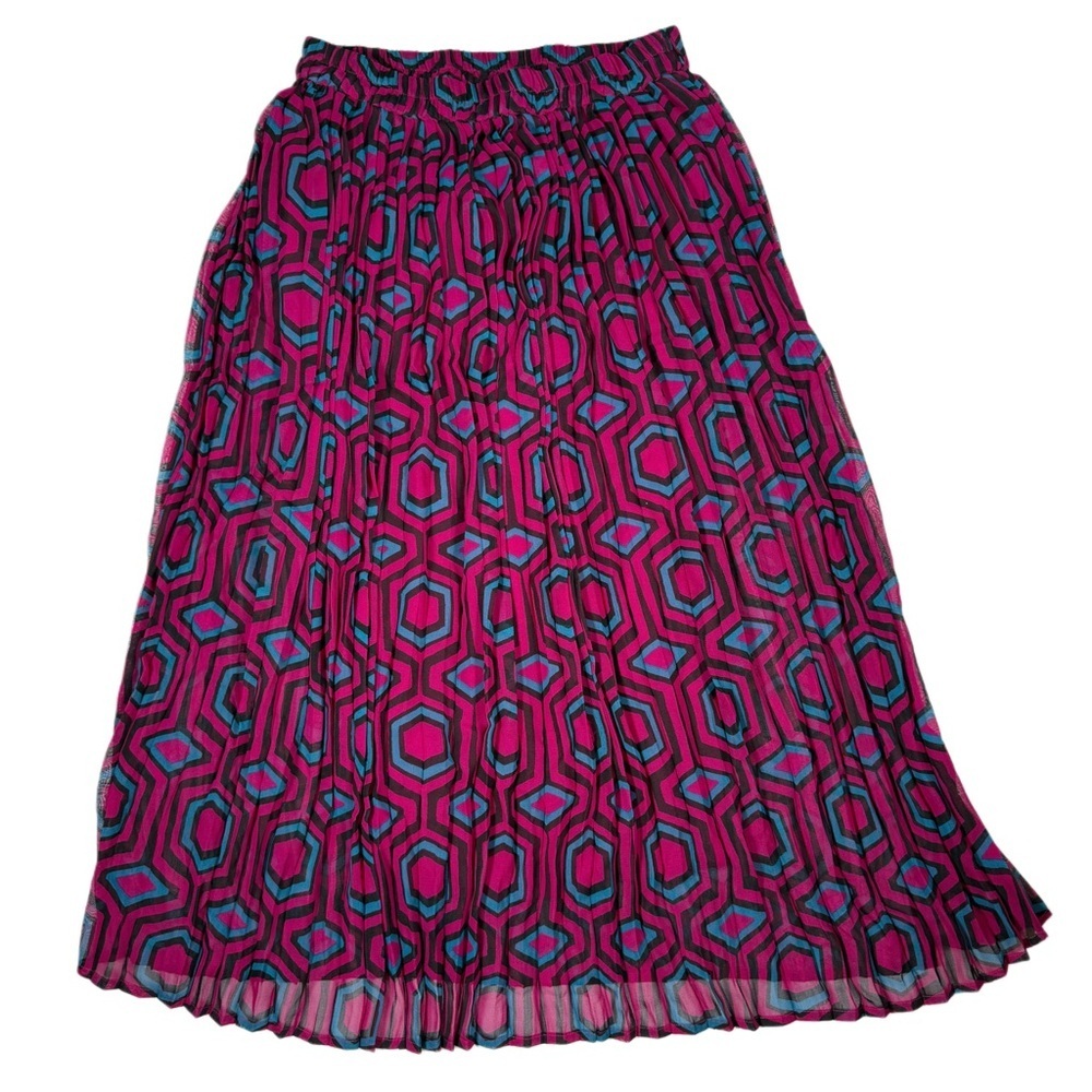 Maximalism Indie Retro Geometric Eclectic A-Line Pink Blue Pleated Skirt Small